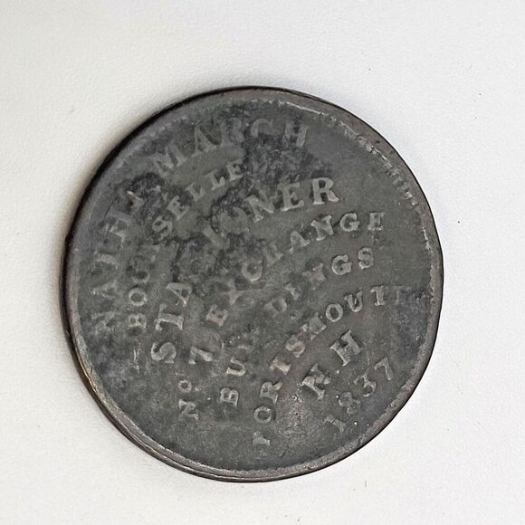 Old 1837 PORTSMOUTH New Hampshire Advertising HARD TIMES TOKEN William Simes Co. - Picture 1 of 2